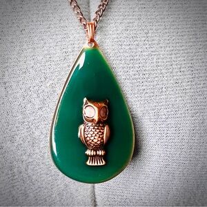 Owl Teardrop Pendant Necklace Copper on Green Enamel.